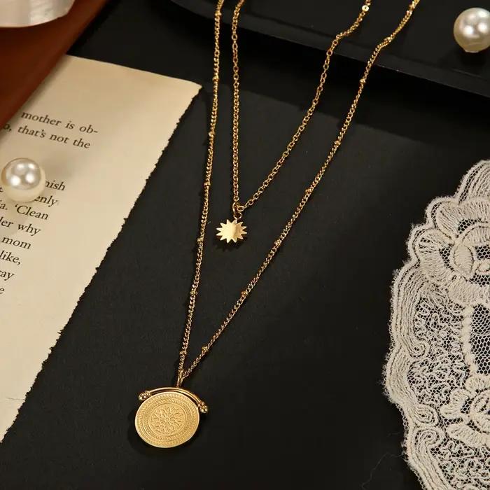 Collier pendentif rond Double couche pour femmes, Design 14K, polyvalent, douze étoiles, accessoire de bijoux à la mode