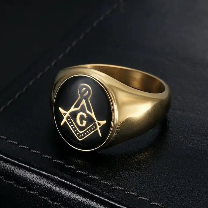 Bague Symbole Maçonnique Mystique 19mm, en Acier Inoxydable Couleur Or Massif, Grande Bague Ovale Signe Maître Maçon pour Femme et Homme, Bijou Tendance