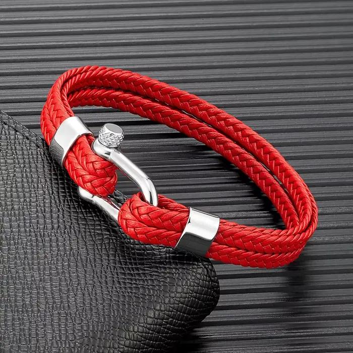 MKENDN Bracelet en cuir de Style marine pour hommes femmes tressé multicouche corde chaîne en acier inoxydable en forme de U manille bijoux Pulseras