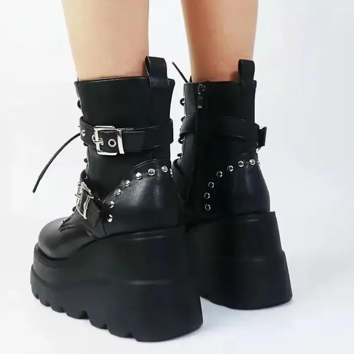 Bottines en cuir Pu pour femmes, chaussures gothiques à lacets, bout rond, plateforme de moto, nouvelle collection automne hiver