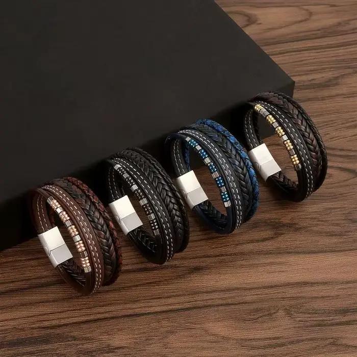 Classique nouveau Bracelet en cuir pour hommes 19/21/23 cm multicouche en cuir hommes Bracelets de perles bijoux de mode en gros livraison directe