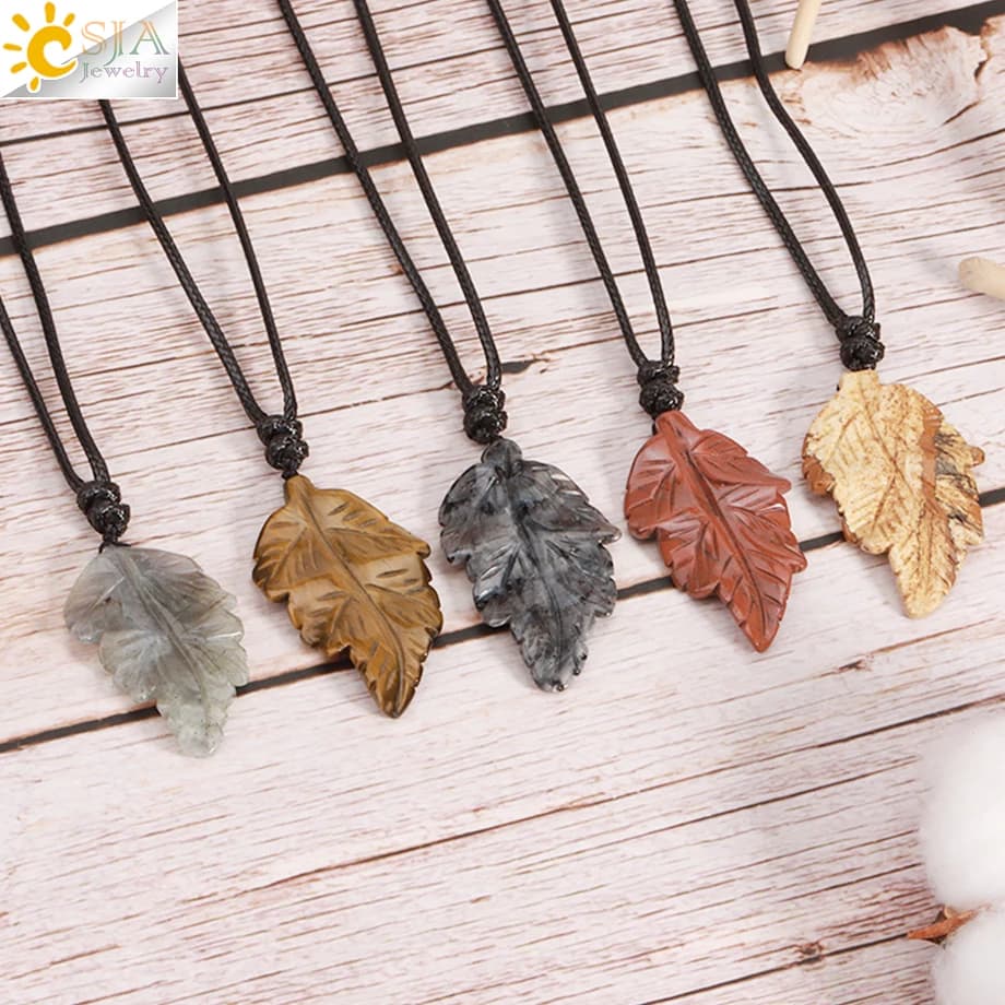 CSAlbaneCollier pendentif feuilles en pierre naturelle pour femmes et hommes, colliers de guérison en cristal sculpté à la main, bijoux de la présidence, cadeau d'Halloween, H246