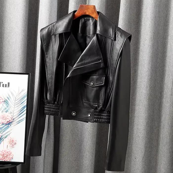Veste pour femmes 2025 nouveau manteau européen en cuir véritable femme fermeture éclair grand rever