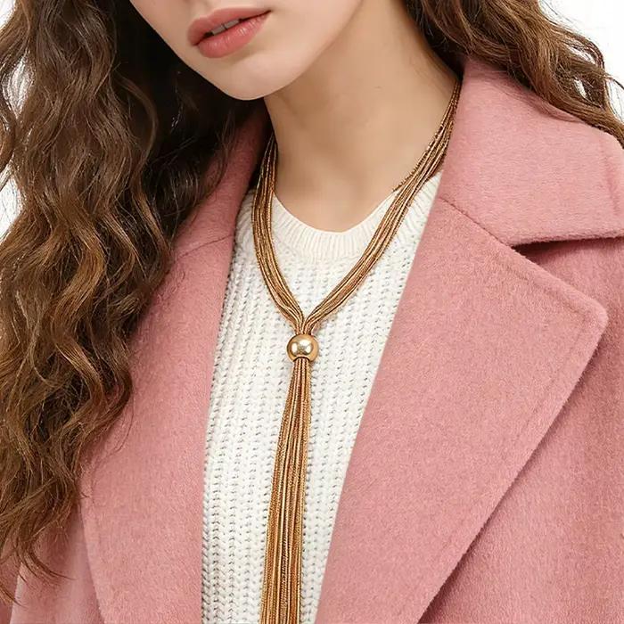 Collier lariat à pampilles en maille métallique, chaîne principale large en maille dorée tissée à la