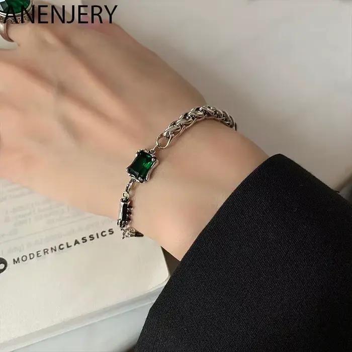 ANENJERY couleur argent vert carré Zircon épais Thain Bracelet femme Vintage fait à la main Thai arg