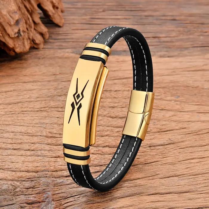 Bracelet en acier inoxydable pour hommes, corde en cuir tressé multicouche, bijoux faits à la main,