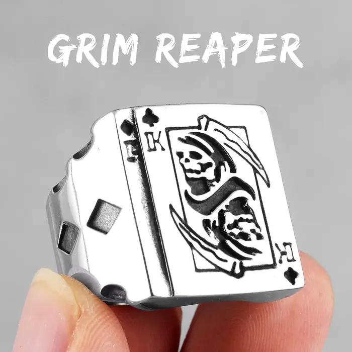 Grim Reaper Poker King Skull Bagues en acier inoxydable pour hommes, Gothique, Punk, Bijoux de motar
