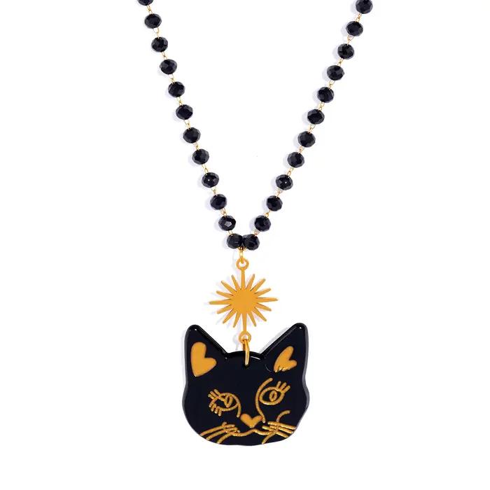 Collier pendentif chat mignon, longue chaîne à breloque en acrylique pour femmes, bijoux en acier in