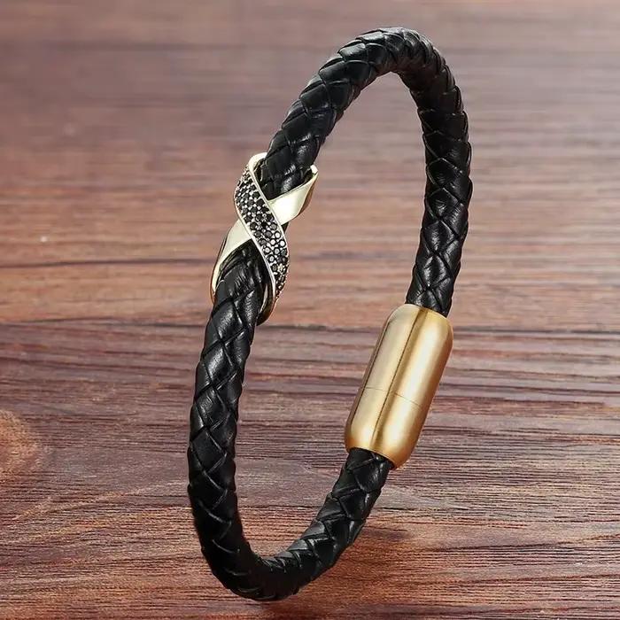XQNI Infinity Logo Design Bracelet en cuir pour hommes croix luxe en acier inoxydable bijoux cadeau