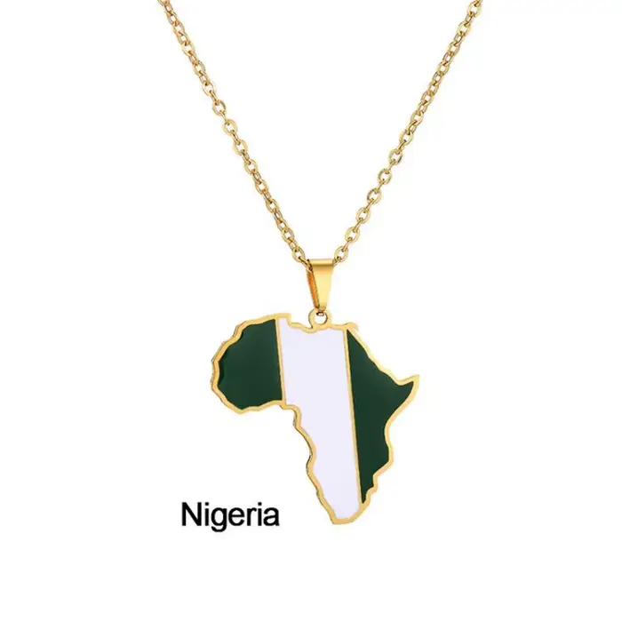 Collier pendentif drapeau carte de l'afrique, couleur or, acier inoxydable, Ghana, Nigeria, Congo, s