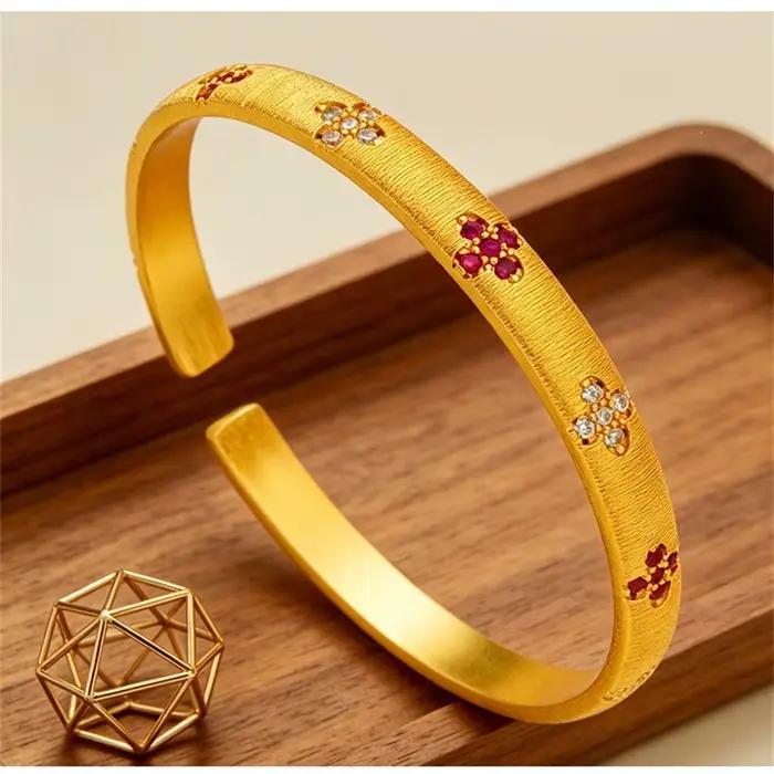 Bracelet manchette ouvert en or massif 24 carats AU999, unisexe, vintage, brossé, trèfle à quatre fe