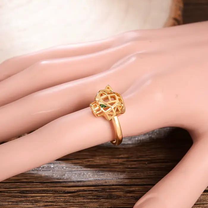 Bague chic plaquée or en forme de panthère, taille fixe avec yeux en cristal vert, bijou tendance tê