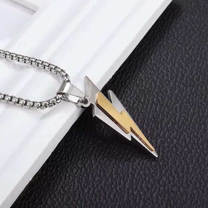 Collier pendentif éclair en acier inoxydable, mode minimaliste, polyvalent, ras-de-cou tendance, unisexe, longue chaîne de clavicule, ton or/argent
