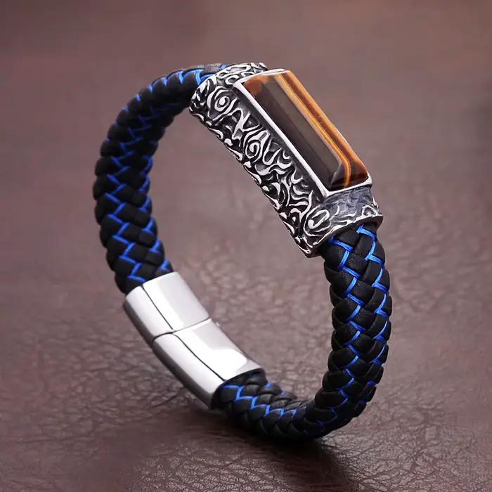 Bracelet en pierre marron œil de tigre vintage pour hommes, bracelets de gravure en cuir punk en acier inoxydable, bijoux amulette à la mode, vente en gros
