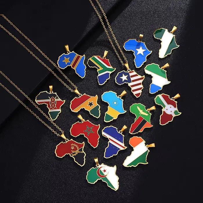 Collier pendentif drapeau carte de l'afrique, couleur or, acier inoxydable, Ghana, Nigeria, Congo, somalie, Angola, Liberia, bijoux africains, cadeau