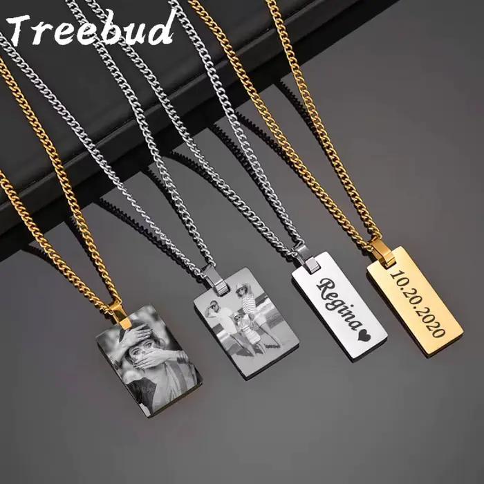 Treebud – collier Photo personnalisé, pendentif rectangulaire, en acier inoxydable, gravé au Laser, image de texte, ras du cou, bijoux cadeaux