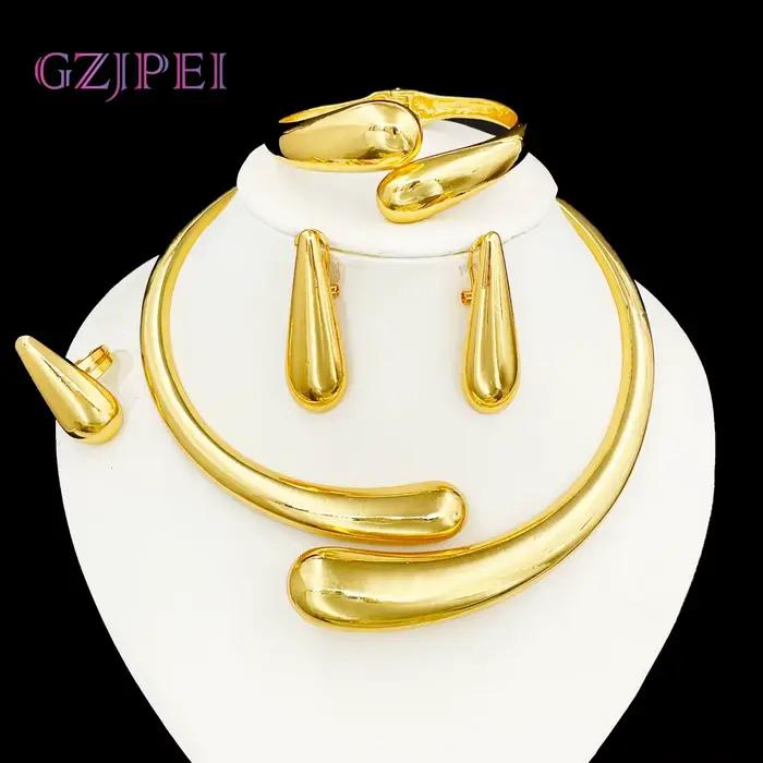 GZJPEI 2025 nouveau ensemble de bijoux exagéré gothique goutte d'eau manchette bracelet anneau Chic lisse métal grand collier boucles d'oreilles cadeau de mariage