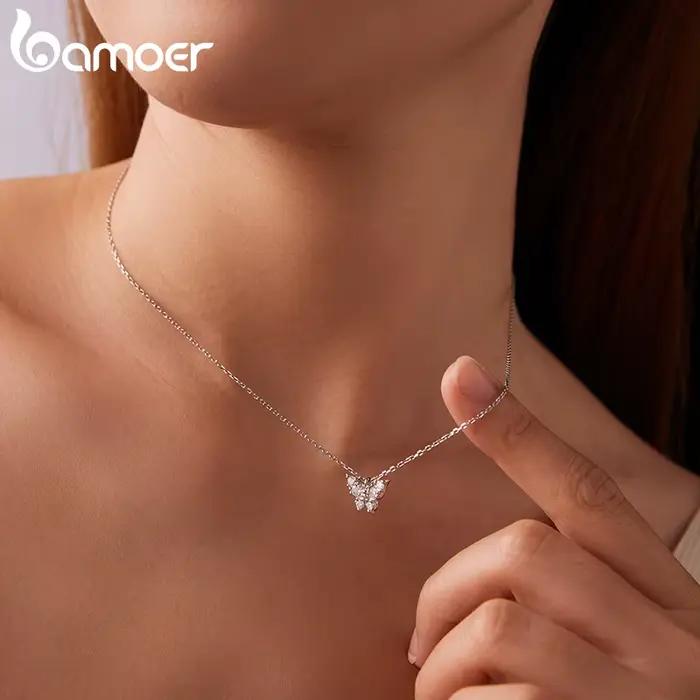 BAMOER Moissanite papillon collier 925 en argent Sterling insecte pendentif collier réglable lien chaîne pour les femmes cadeau scintillant