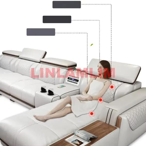 Canapé d'angle en cuir véritable, meuble de salon