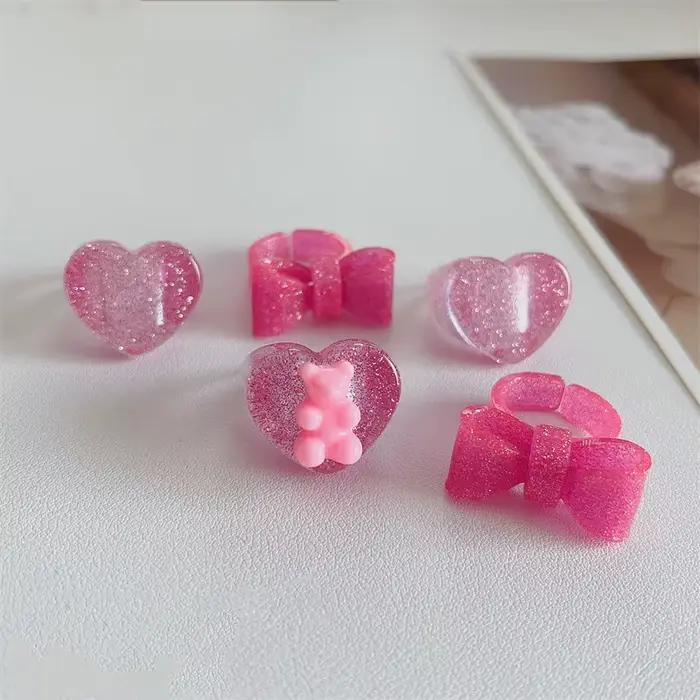 Bague Géométrique en Résine Rose pour Femme et Fille, Anneau Coloré en Acrylique, Ours, Nministériels d Papillon, Cœur, Accessoires de Bijoux