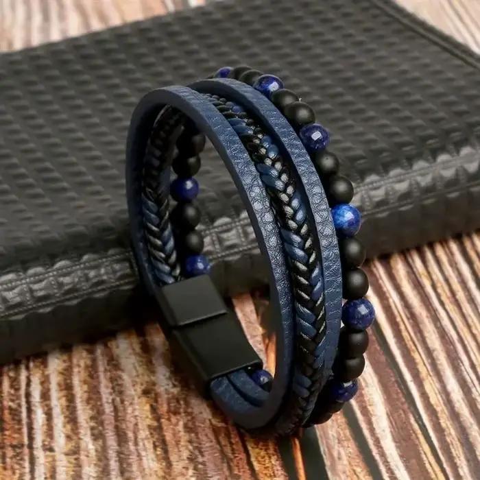 Wannee hommes Bracelet en cuir classique mode oeil de tigre perlé multicouche