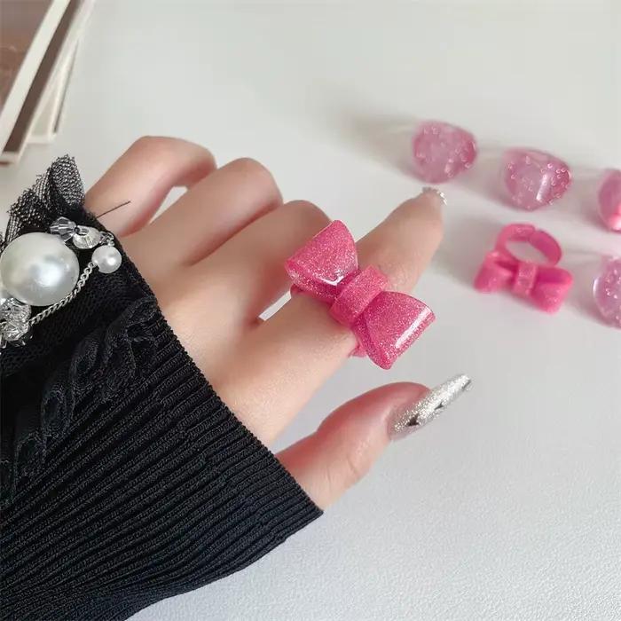 Bague Géométrique en Résine Rose pour Femme et Fille, Anneau Coloré en Acrylique, Ours, Nministériels d Papillon, Cœur, Accessoires de Bijoux