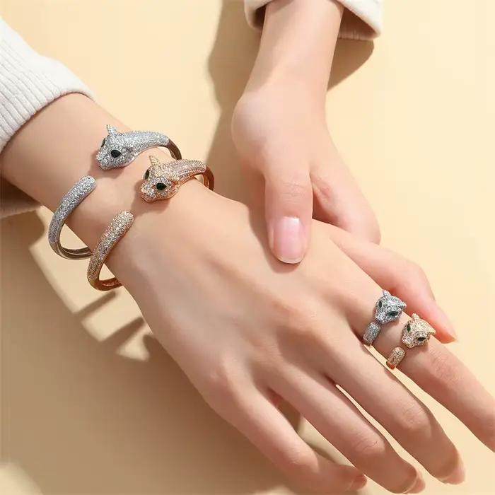 Ensemble de bagues et Bracelet léopard de luxe, pavé de Zircons 5A, panthère en cristal, ouvert, à la mode, vêtements de fête pour femmes, ensemble de bijoux