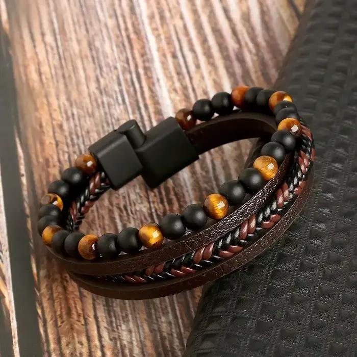 Wannee hommes Bracelet en cuir classique mode oeil de tigre perlé multicouche