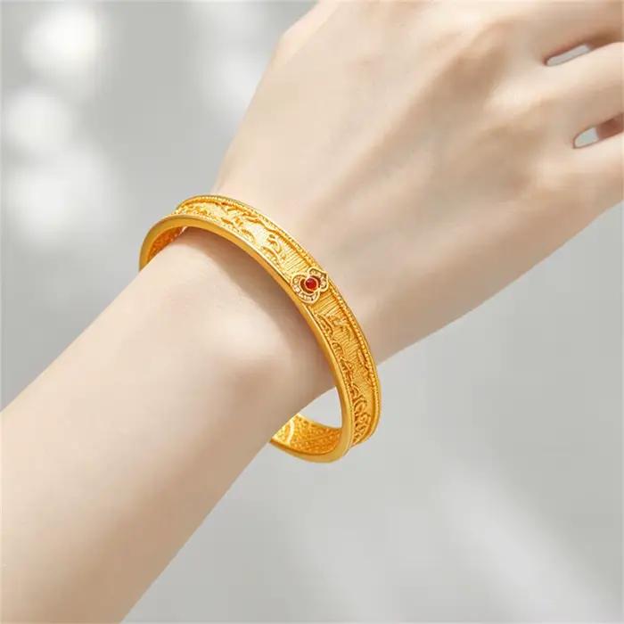 Bracelet manchette ouvert en or massif 24K AU999, motif nuage filigrané Ruyi, avec gemme rouge, unisexe, vintage, pour homme, femme, couple, bijou porte-bonheur, cadeau de mariage