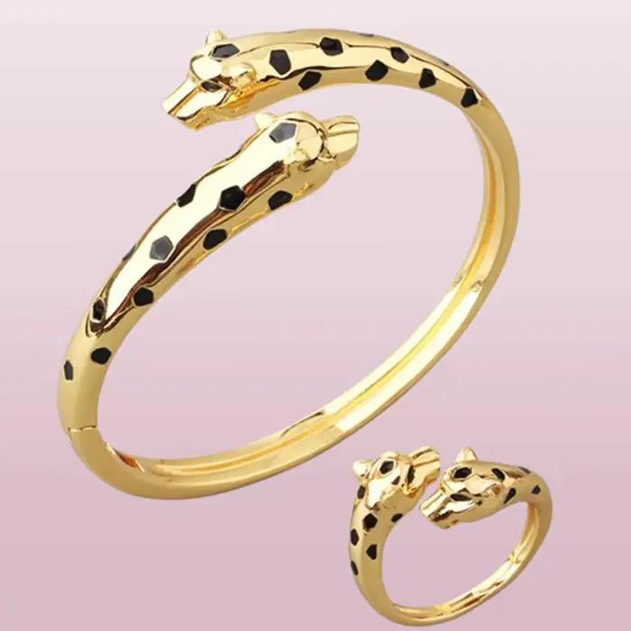 Taille 17 cm mince lisse Double noir léopard manchette Bracelets Bracelets panthère ensemble de bijoux pour les femmes cadeaux de fête
