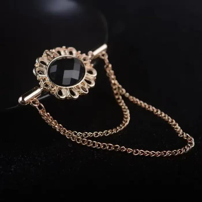 Broche à cravate ovale en cristal avec pompon vintage élégant avec boucle en chaîne – Accessoires de chemise de costume à revers unisexe, choix cadeau de luxe