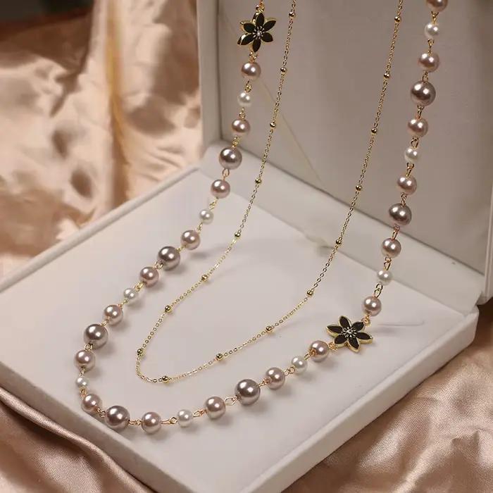 Femmes perles Double couches Long collier de haute qualité fête de mariage bijoux accessoires pour dame chaîne élégante Collares de moda