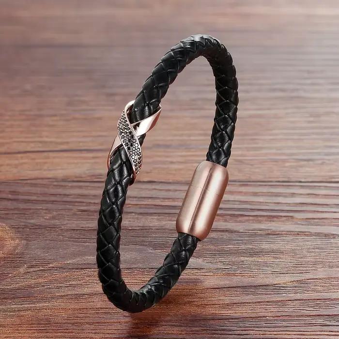 XQNI Infinity Logo Design Bracelet en cuir pour hommes croix luxe en acier inoxydable bijoux cadeau bracelets avec boucle magnétique