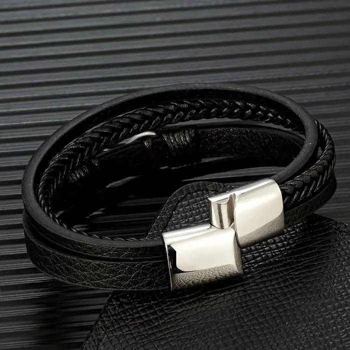 MKENDN classique hommes infini Bracelet tissé multicouche tressé en cuir Bracelets pour femme noir en acier inoxydable bijoux cadeaux