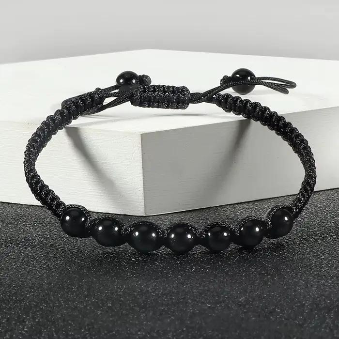 Bracelet noir en pierre naturelle Onyx pour hommes, perles de lave tressées, chaîne en corde réglable, bijoux faits à la main à la mode