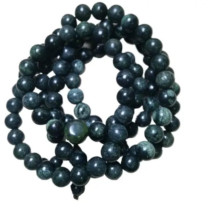 Collier de jade tibétain naturel, chaîne de perles en pierre du roi médicinal, jade vert foncé, bijoux de style ethnique.