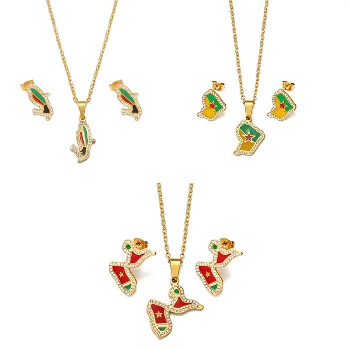 Colliers, boucles d'oreilles et ensembles de bijoux en acier inoxydable et strass avec carte de la Martinique, de la Guyane française et de la Guadeloupe # 619362