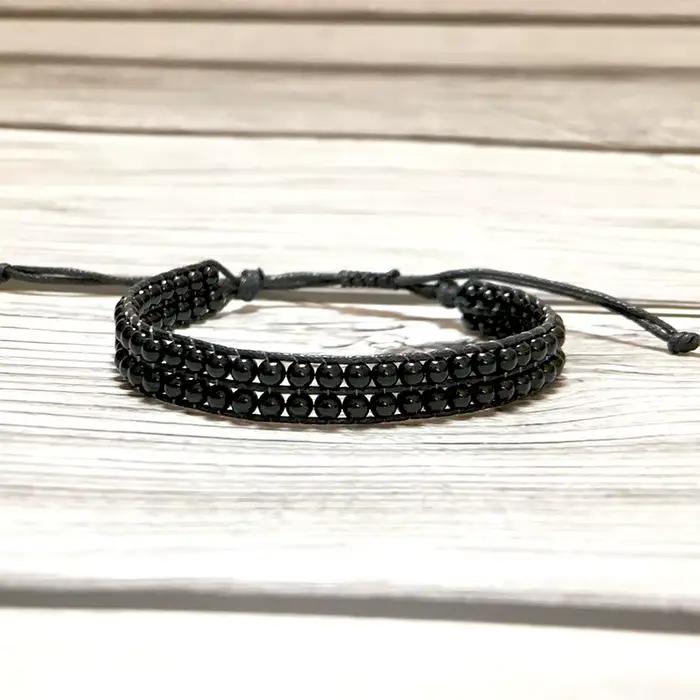 Bracelet en obsidienne tressé Double couche pour hommes