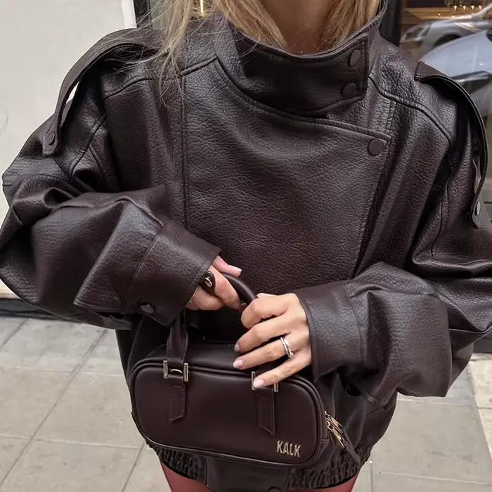 Veste femme 2025 nouvelle mode automne noir à manches longues galets Faux cuir veste moto Style personnalité dames veste