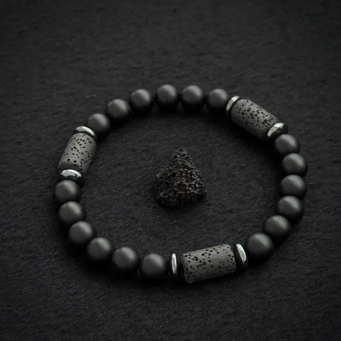 Bracelet en pierre noire mate, Bracelet en pierre cylindrique, Bracelet pour hommes, Bracelet pour femmes, cadeau pour homme/chambre/père, 1 pièce