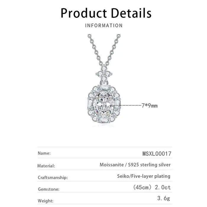 Collier en moissanite ovale 2CT 7x9mm pour femmes, testé comme un diamant, en argent sterling 925 plaqué or blanc 18 carats, avec chaîne pendentif