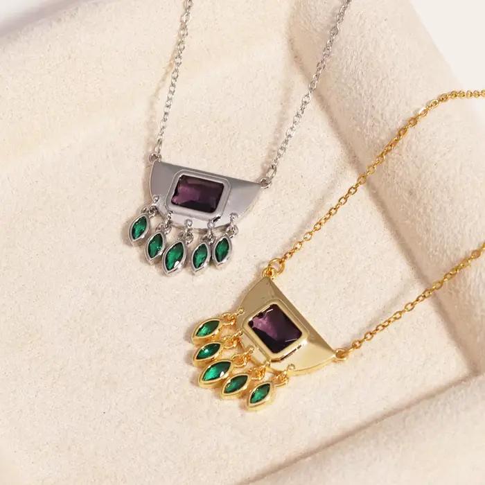 Collier avec pendentif à pampilles en Zircon ovale vert demi-rond en acier inoxydable pour femmes, usage quotidien, chaîne de cou à la mode, bijoux imperméables