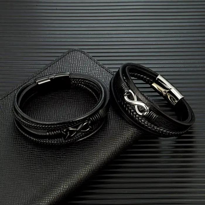 MKENDN classique hommes infini Bracelet tissé multicouche tressé en cuir Bracelets pour femme noir en acier inoxydable bijoux cadeaux