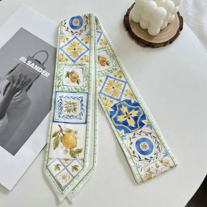 Écharpe en ruban de soie satiné polyvalente, tendance, longue, fine, étroite, cravate pour cheveux, sangle de sac florale fraîche pour femmes