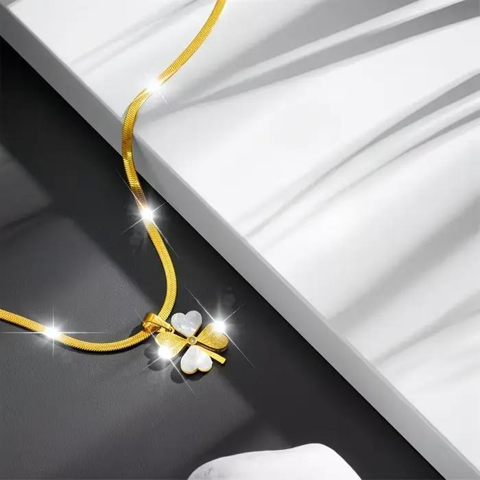 Collier pendentif trèfle à quatre feuilles porte-bonheur, perle nacre, bijoux en acier inoxydable bicolore, chaîne serpent plate élégante