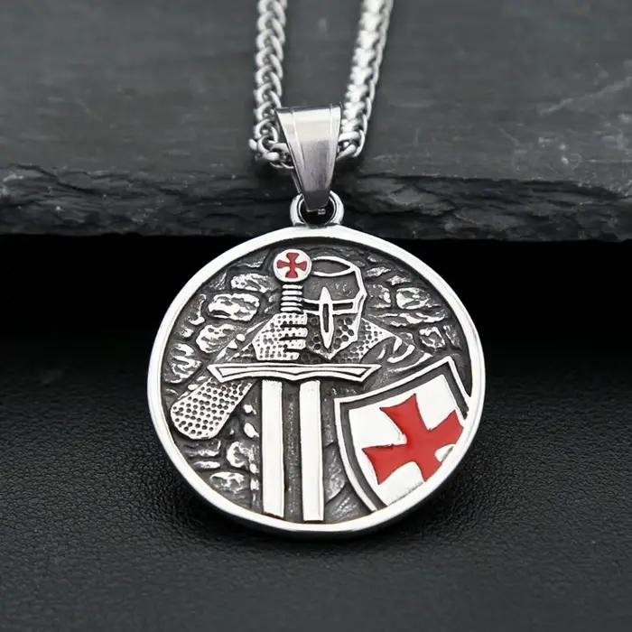 Vintage armure bouclier chevalier templier croix pendentif collier pour hommes en acier inoxydable mode Punk amulette bijoux cadeau livraison directe