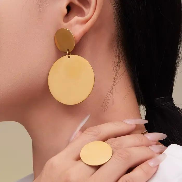 Collier disque boucle d'oreille bague pour femme plaqué or 18 carats chaîne de pull en acier inoxydable 100 cm de long colliers boucles d'oreilles pendantes bagues