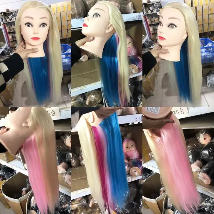 Tête d'entraînement avec cheveux colorés, cheveux synthétiques très longs de 80cm pour tressage, coiffure, tête de poupée, mannequin
