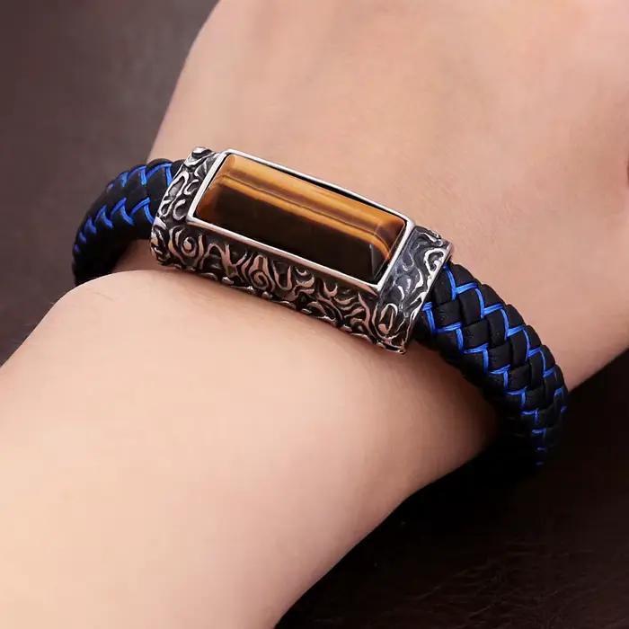 Bracelet en pierre marron œil de tigre vintage pour hommes, bracelets de gravure en cuir punk en acier inoxydable, bijoux amulette à la mode, vente en gros