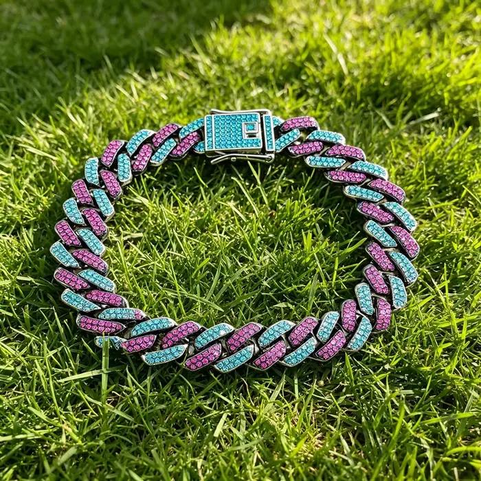 Collier cubain bicolore bleu aqua et violet foncé de 14 mm avec fermoir de sécurité en zircon, longueur personnalisable pour chiens Border Collie de taille moyenne à grande